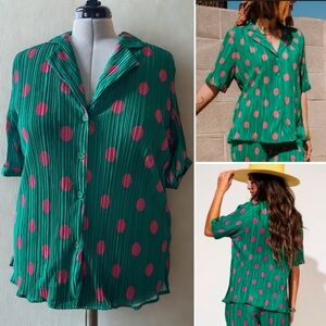 Dressed in Lala The World Is Yours Plisse Polka Dot Top 3XL Green Pink